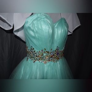 SHORT STRAPLESS RUFFLED DEESS WITH ELEGANT SPARKLE BEADED WAIST BY STAR BOX
